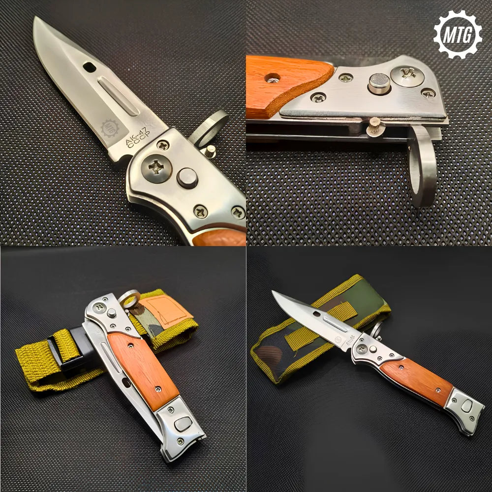 AK-47 Drop Point Automatic Switchblade Knife – Tactical Pocket Knife with Wood Handle