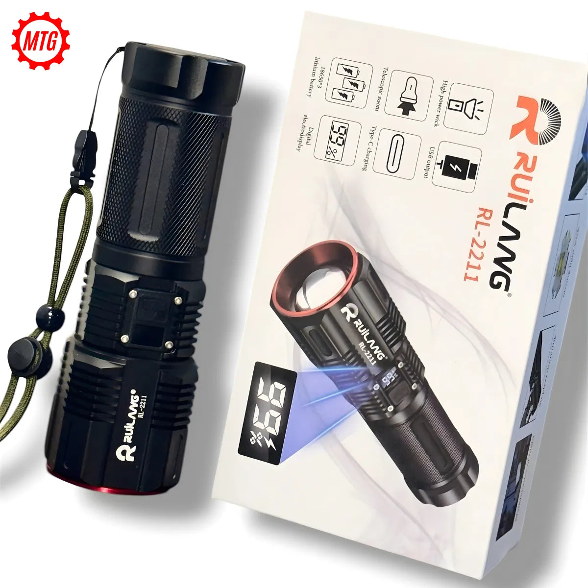 Original Ruilang RL-2211 Emergency Flashlight – Long Range Torch with Power Bank