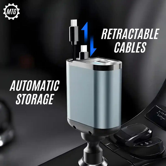 4-in-1 Retractable Car Charger – Fast Charging Adapter with Multi Cables