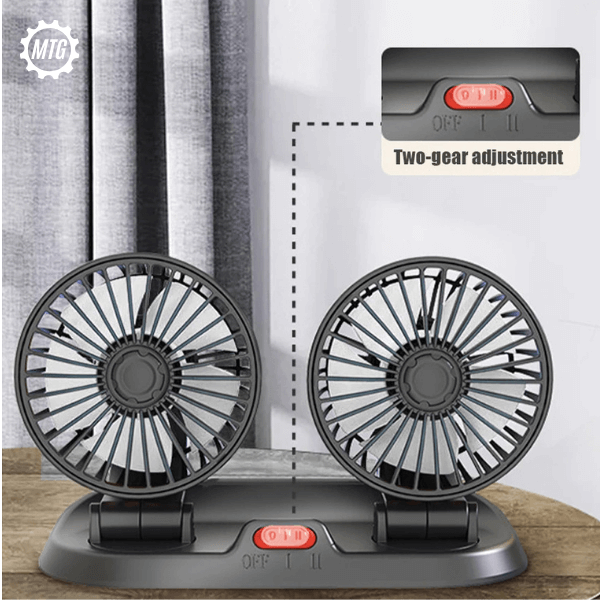 Dual Head Vehicle Fan – 360° Adjustable | Plug & Play