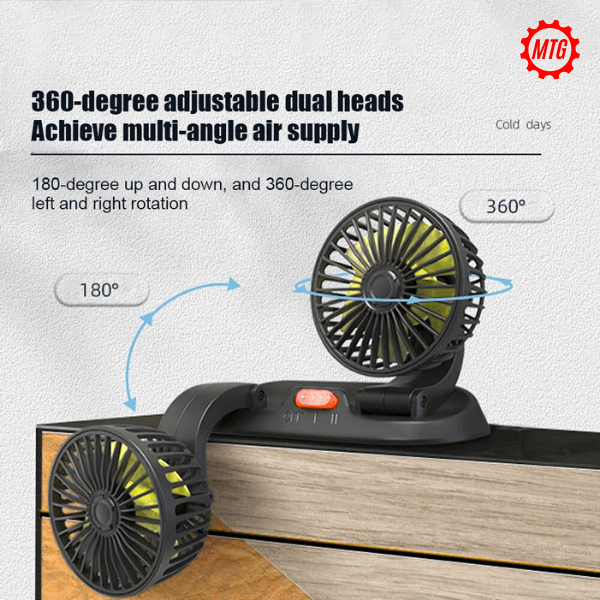 Dual Head Vehicle Fan – 360° Adjustable | Plug & Play