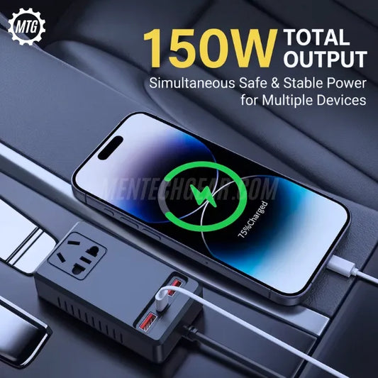 150W Car Power Inverter – DC 12V/24V to 110V-220V Converter with Fast Charging