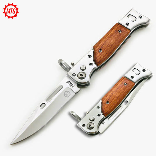 AK-47 Drop Point Automatic Switchblade Knife – Tactical Pocket Knife with Wood Handle