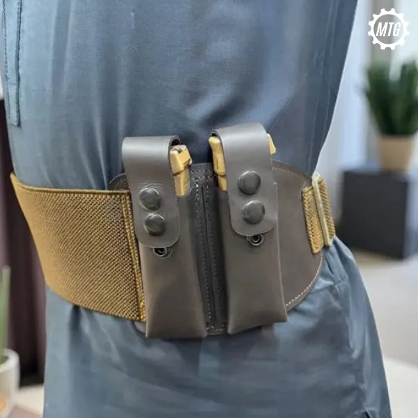 Pistol Holster Belt – Leather with Dual Magazine Holders + FREE Cleaning Kit