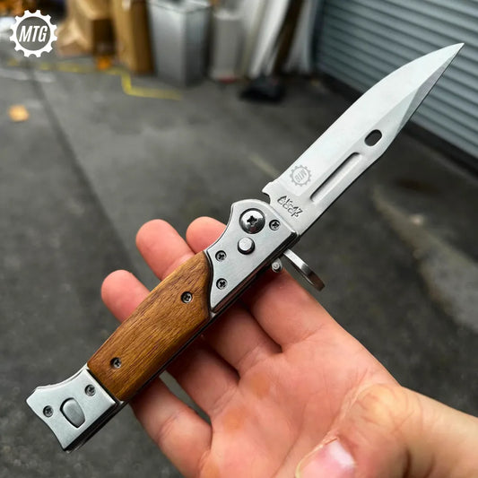 AK-47 Drop Point Automatic Switchblade Knife – Tactical Pocket Knife with Wood Handle