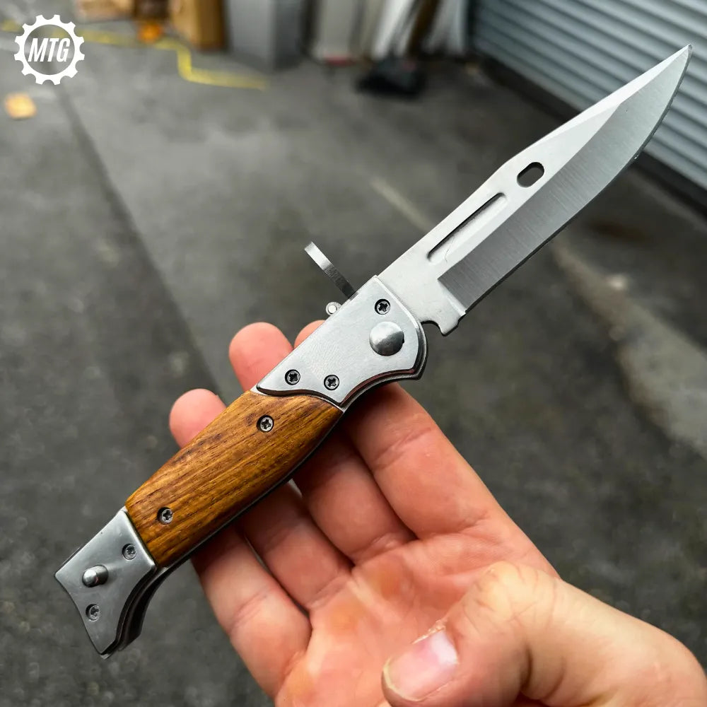 AK-47 Drop Point Automatic Switchblade Knife – Tactical Pocket Knife with Wood Handle