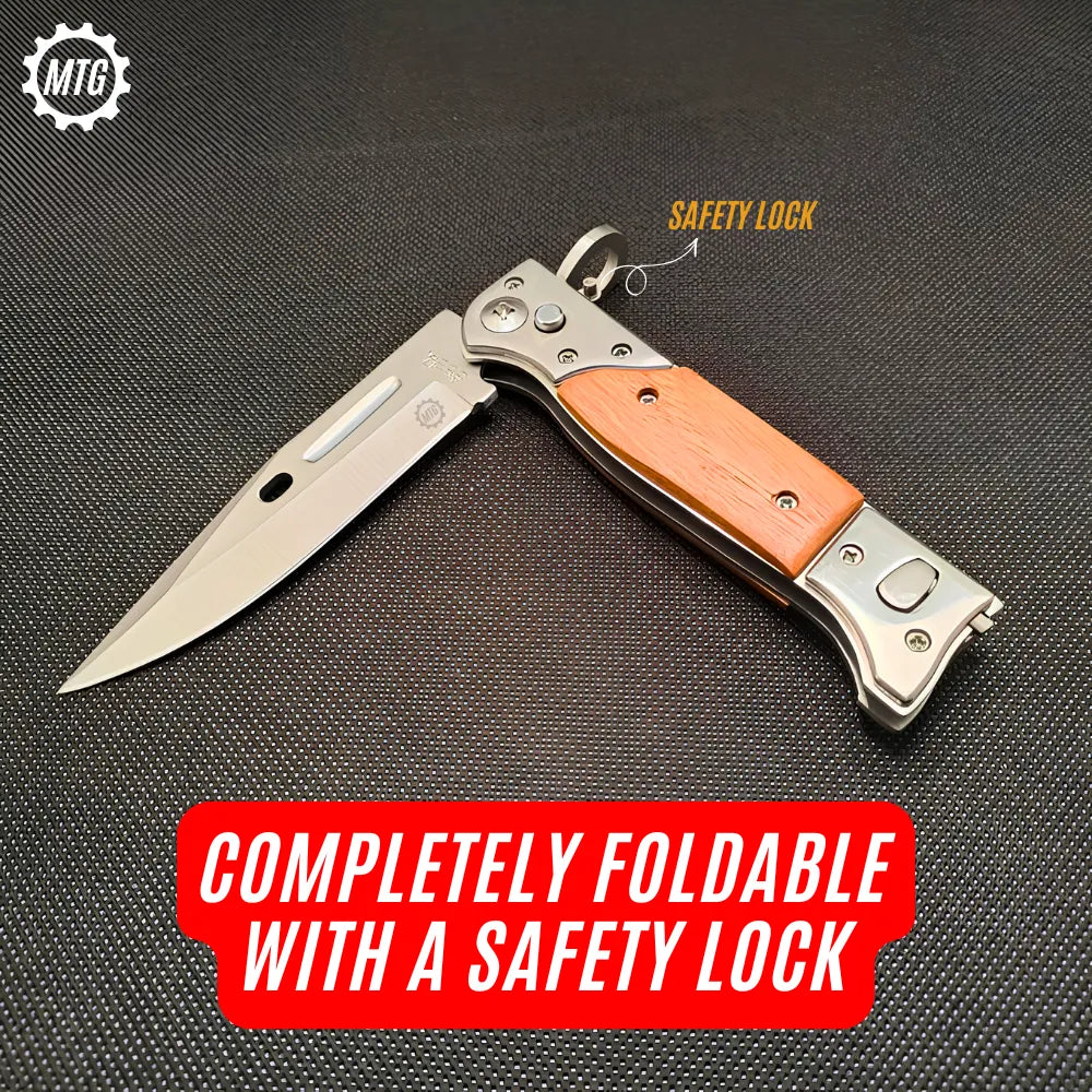 AK-47 Drop Point Automatic Switchblade Knife – Tactical Pocket Knife with Wood Handle