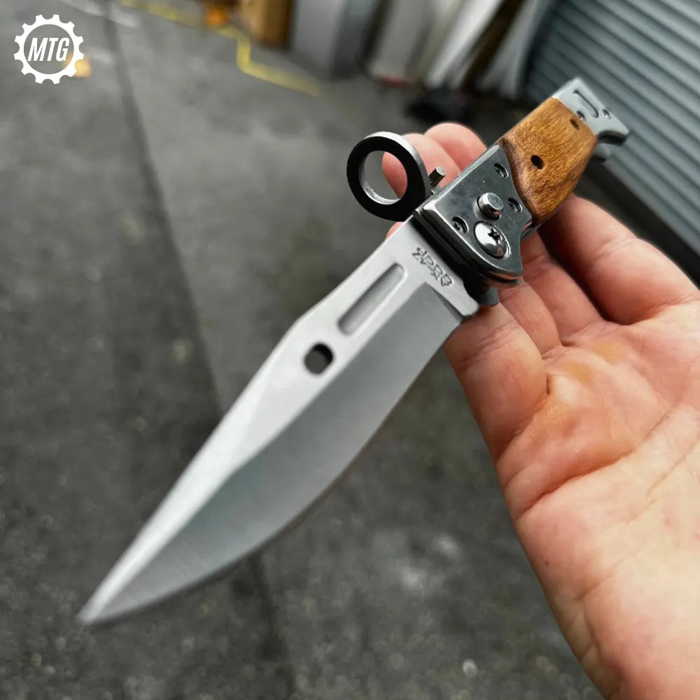 AK-47 Drop Point Automatic Switchblade Knife – Tactical Pocket Knife with Wood Handle