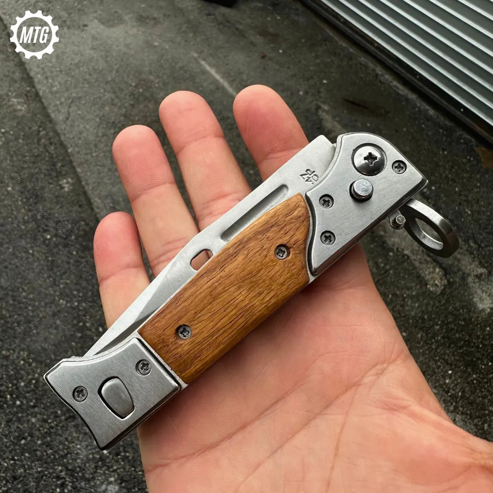 AK-47 Drop Point Automatic Switchblade Knife – Tactical Pocket Knife with Wood Handle