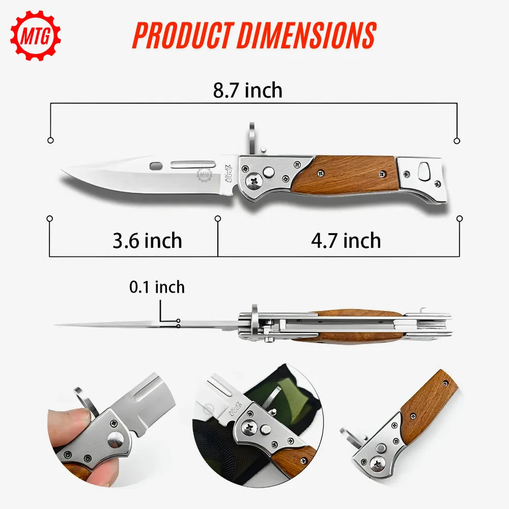 AK-47 Drop Point Automatic Switchblade Knife – Tactical Pocket Knife with Wood Handle