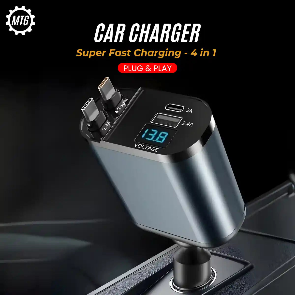 4-in-1 Retractable Car Charger – Fast Charging Adapter with Multi Cables