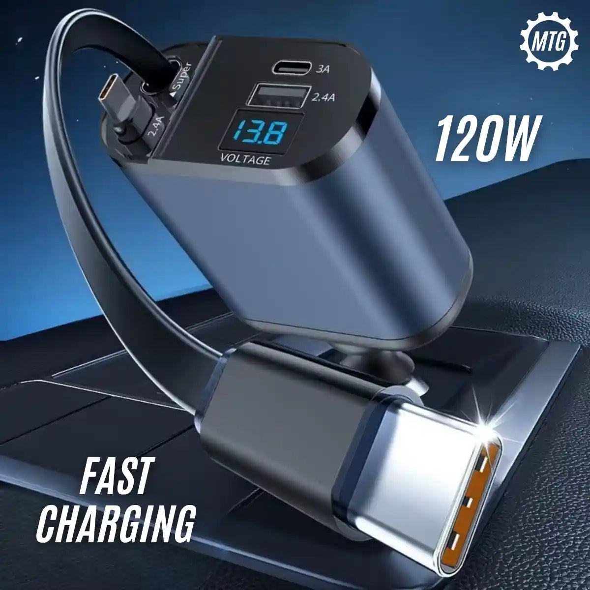 4-in-1 Retractable Car Charger – Fast Charging Adapter with Multi Cables