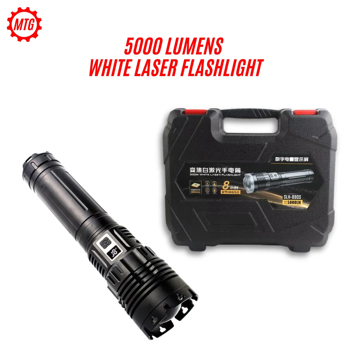 5000 Lumens White Laser Flashlight – Heavy-Duty Torch with Power Bank & Zoom