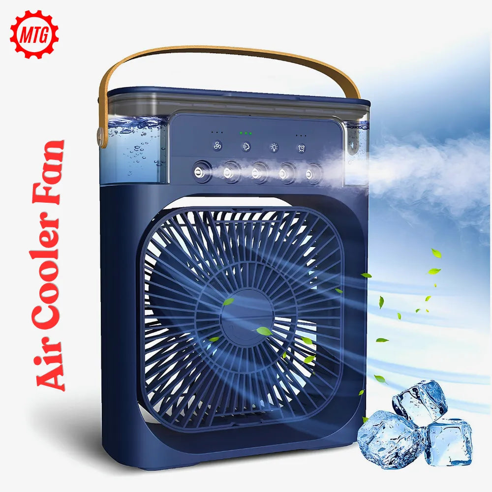 4-in-1 Mini Air Cooler Fan – Mist Spray, 7-Color LED Light & Timer