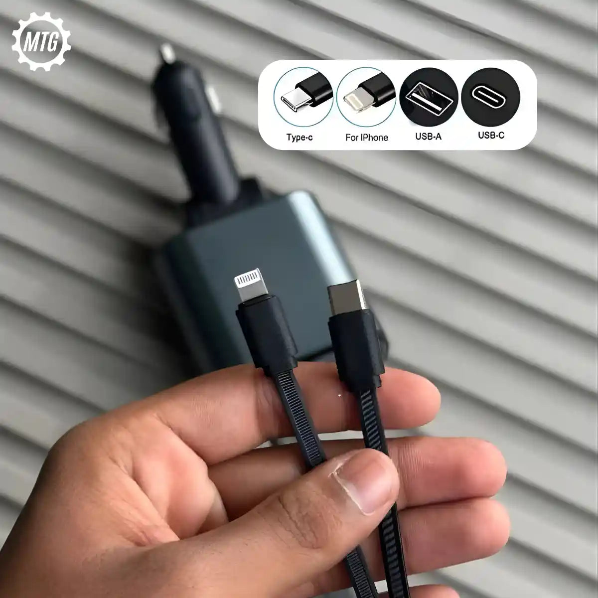 4-in-1 Retractable Car Charger – Fast Charging Adapter with Multi Cables