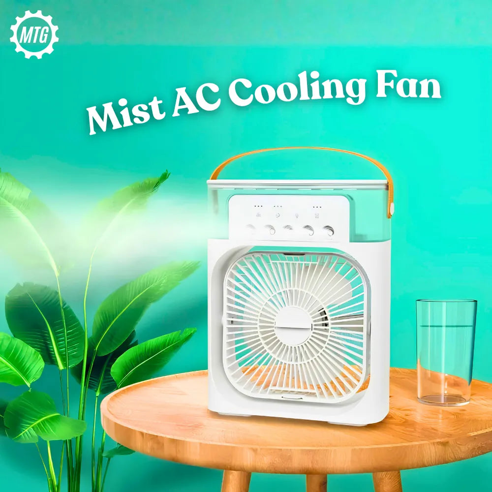 4-in-1 Mini Air Cooler Fan – Mist Spray, 7-Color LED Light & Timer