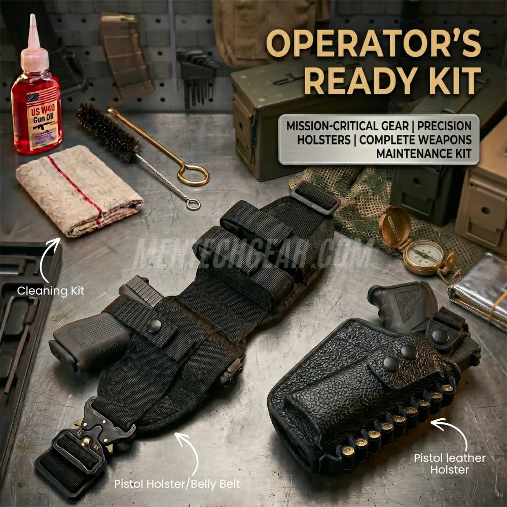 Operator's Ready 3-in-1 Kit – Tactical Belly Belt Holster + Leather Pistol Pouch + Cleaning Kit