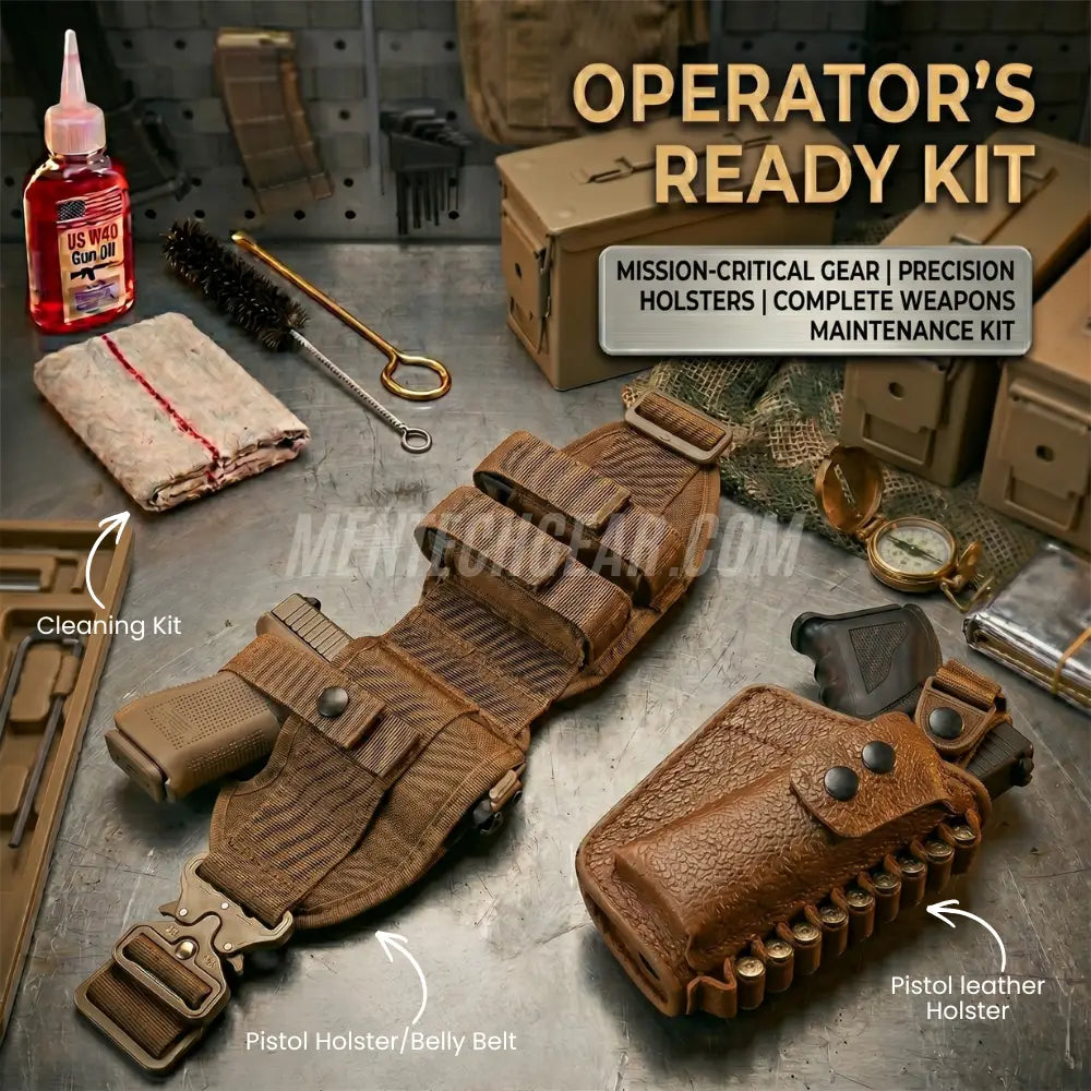 Operator's Ready 3-in-1 Kit – Tactical Belly Belt Holster + Leather Pistol Pouch + Cleaning Kit