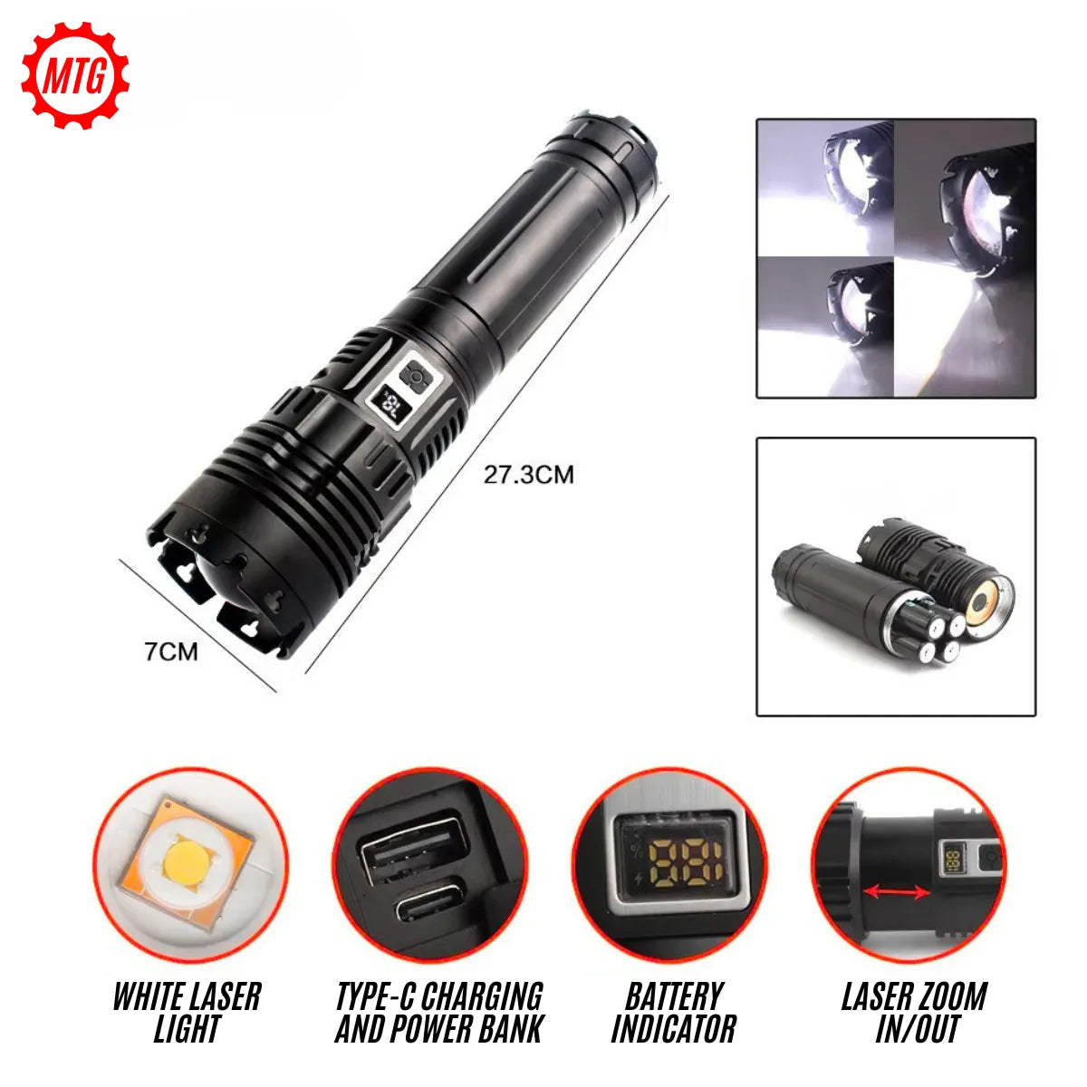 5000 Lumens White Laser Flashlight – Heavy-Duty Torch with Power Bank & Zoom