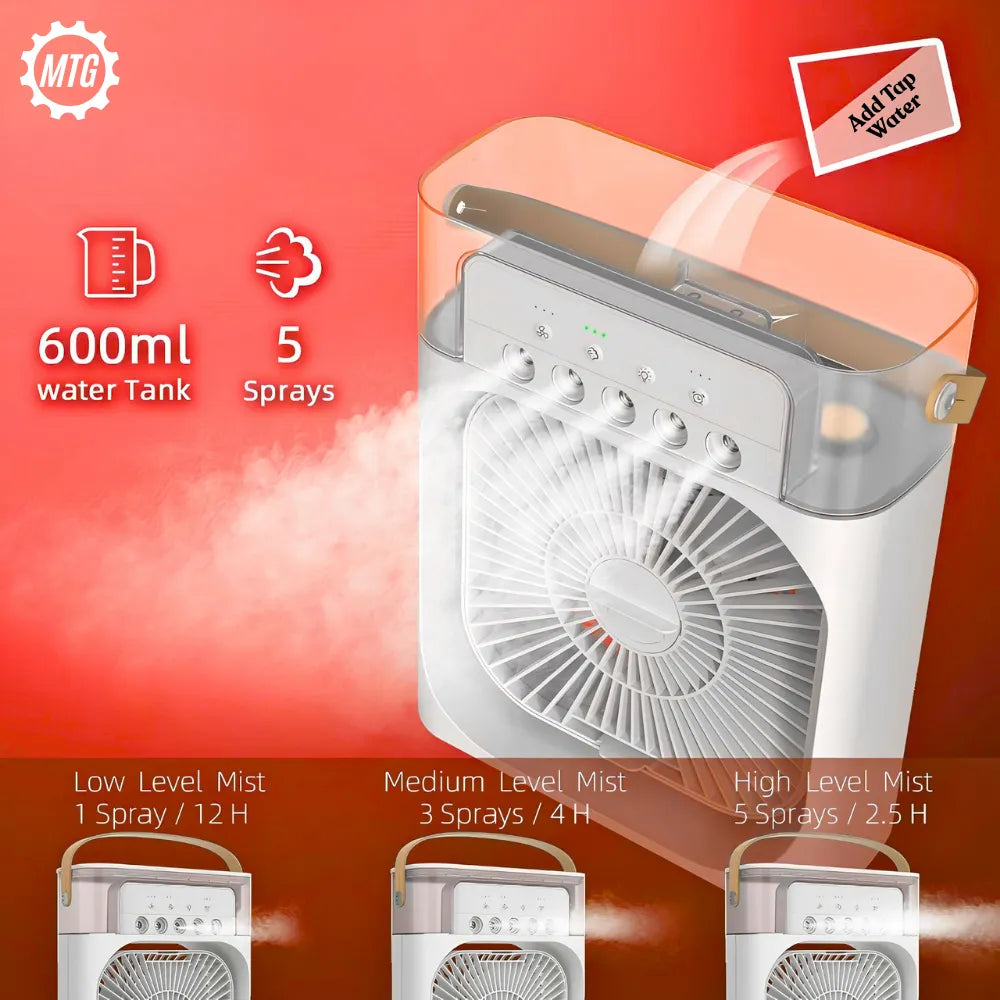 4-in-1 Mini Air Cooler Fan – Mist Spray, 7-Color LED Light & Timer