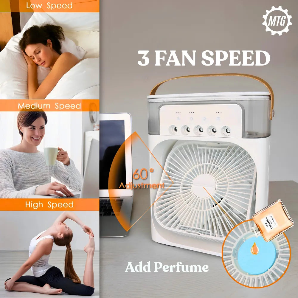 4-in-1 Mini Air Cooler Fan – Mist Spray, 7-Color LED Light & Timer