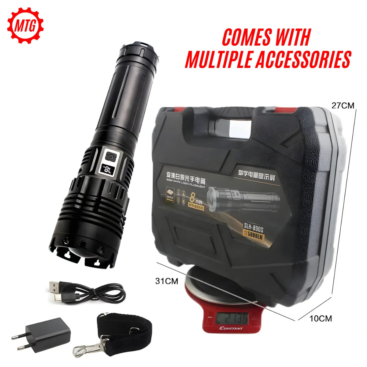 5000 Lumens White Laser Flashlight – Heavy-Duty Torch with Power Bank & Zoom