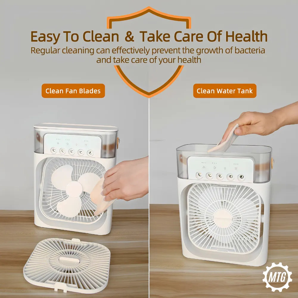 4-in-1 Mini Air Cooler Fan – Mist Spray, 7-Color LED Light & Timer