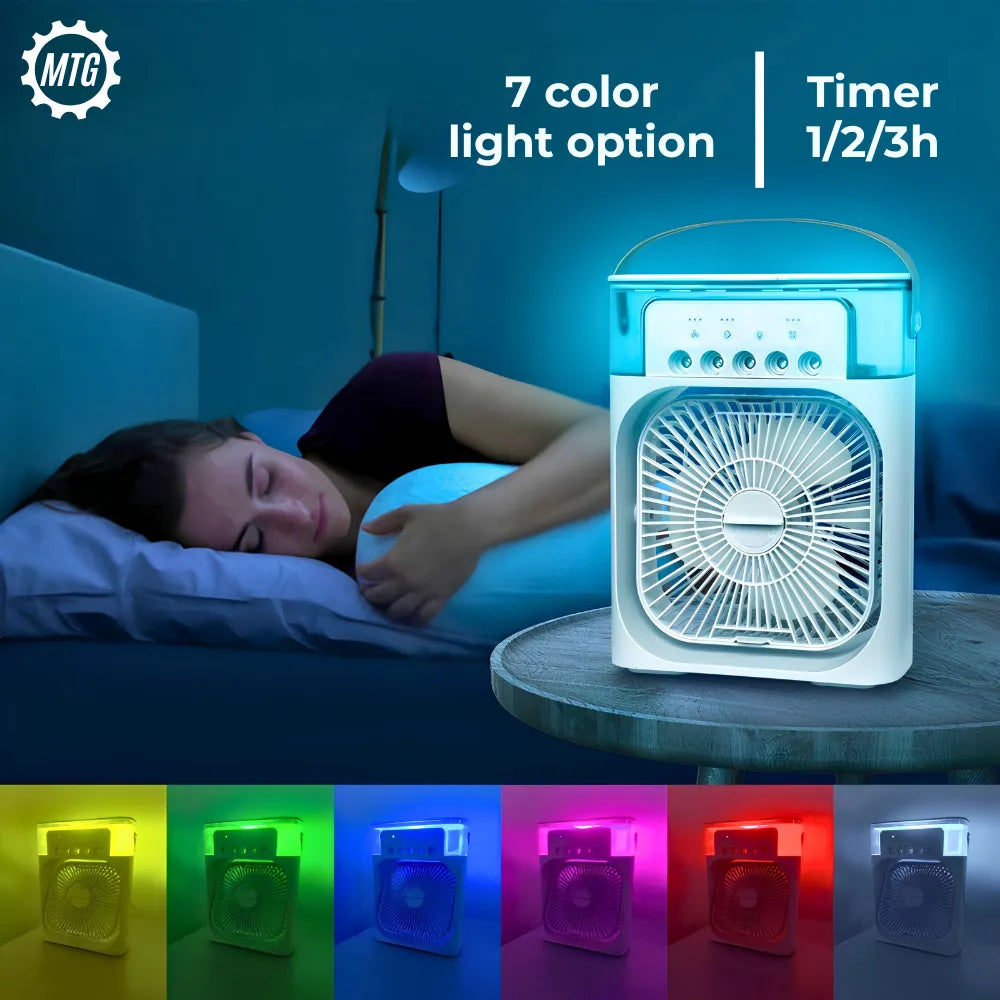 4-in-1 Mini Air Cooler Fan – Mist Spray, 7-Color LED Light & Timer