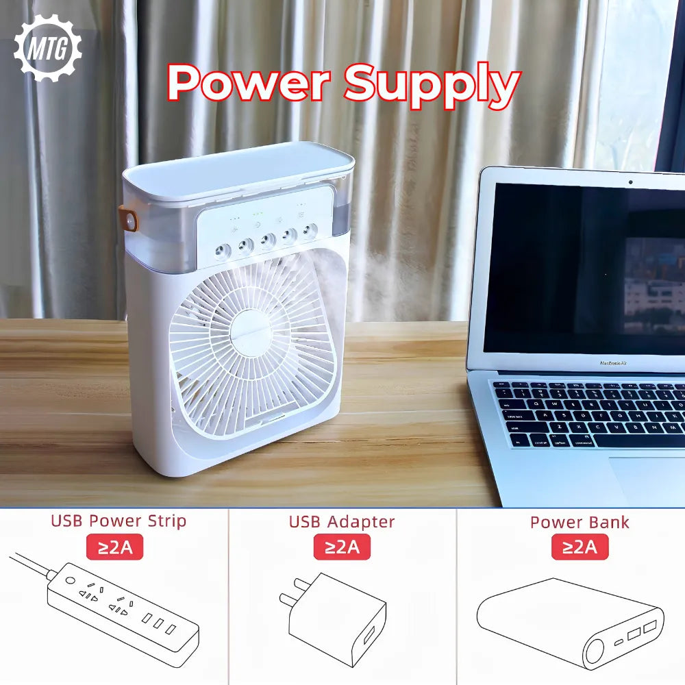 4-in-1 Mini Air Cooler Fan – Mist Spray, 7-Color LED Light & Timer